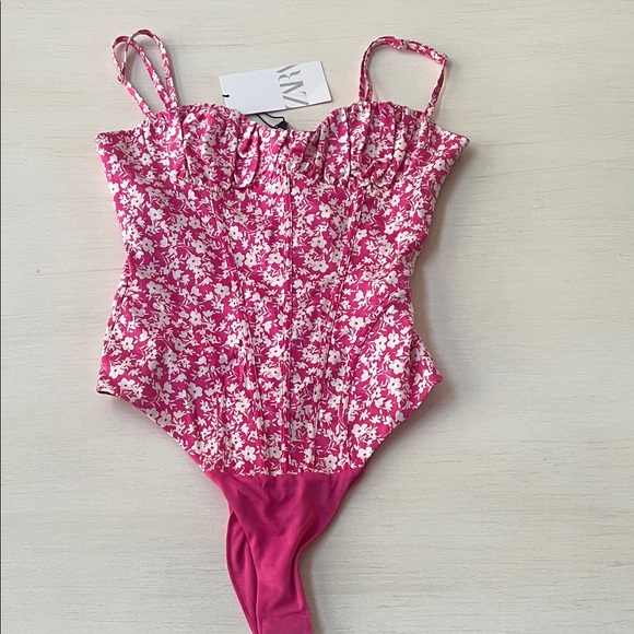 Zara Tops - Zara Pink Floral Corset-Style Bodysuit